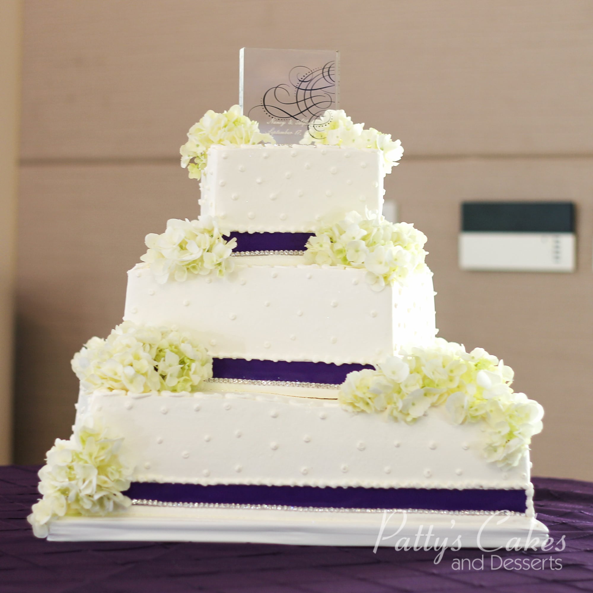 wedding-cake-square-purple-ribbon-flowers