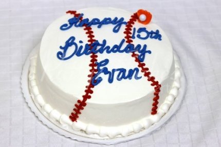 baseball cake white, red and blue