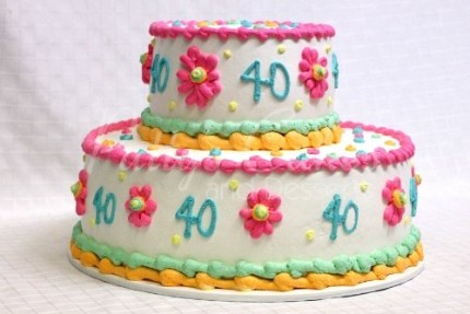 40th-birthday-cake-2-tier-pink-white-green-yellow