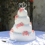 white wedding cake red flowers