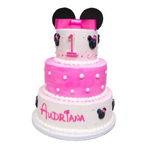3 tier pink white black minie cake