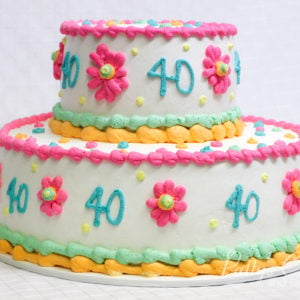 40th birthday cake 2 tier pink white green yellow