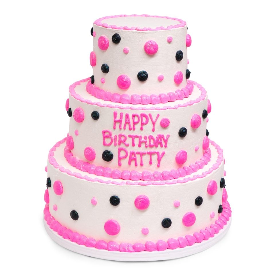 pink and black tiered birthday cake