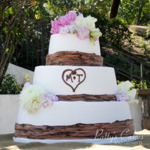 wedding cake 3 tier brown initials flowers wood round