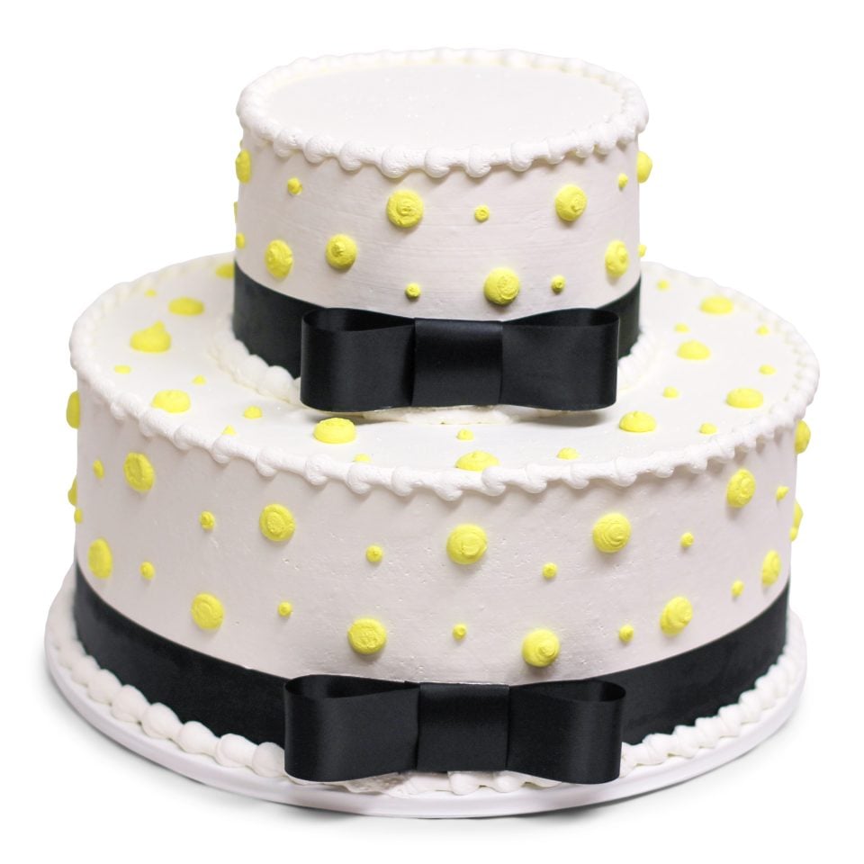 white yellow black ribbon 2 tier cake