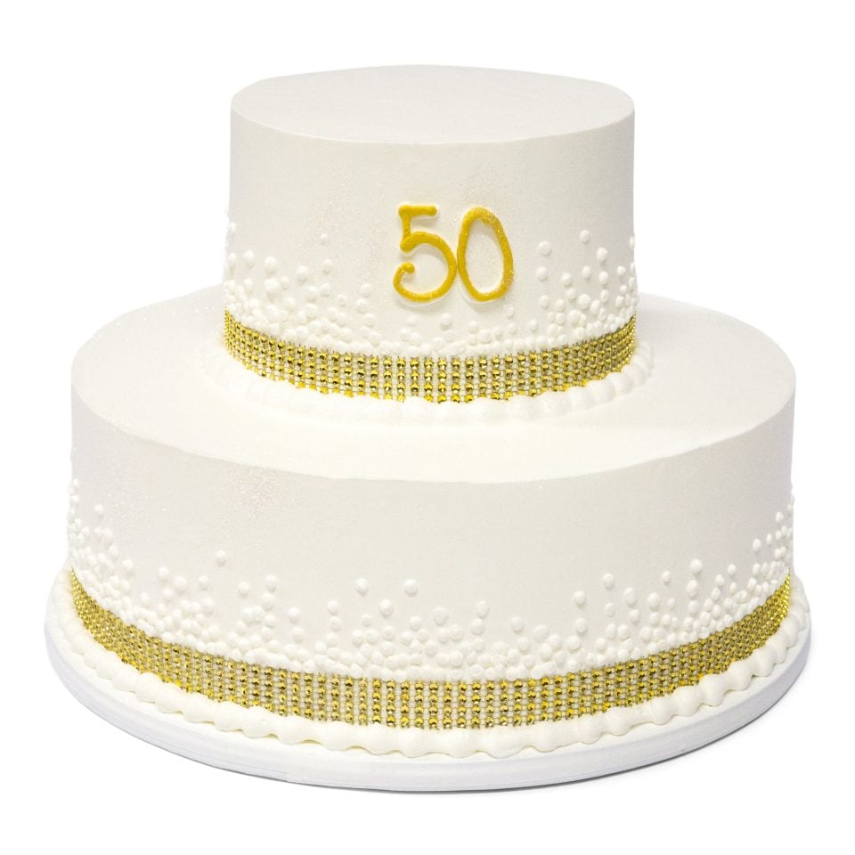 gold white 50th anniversary cake