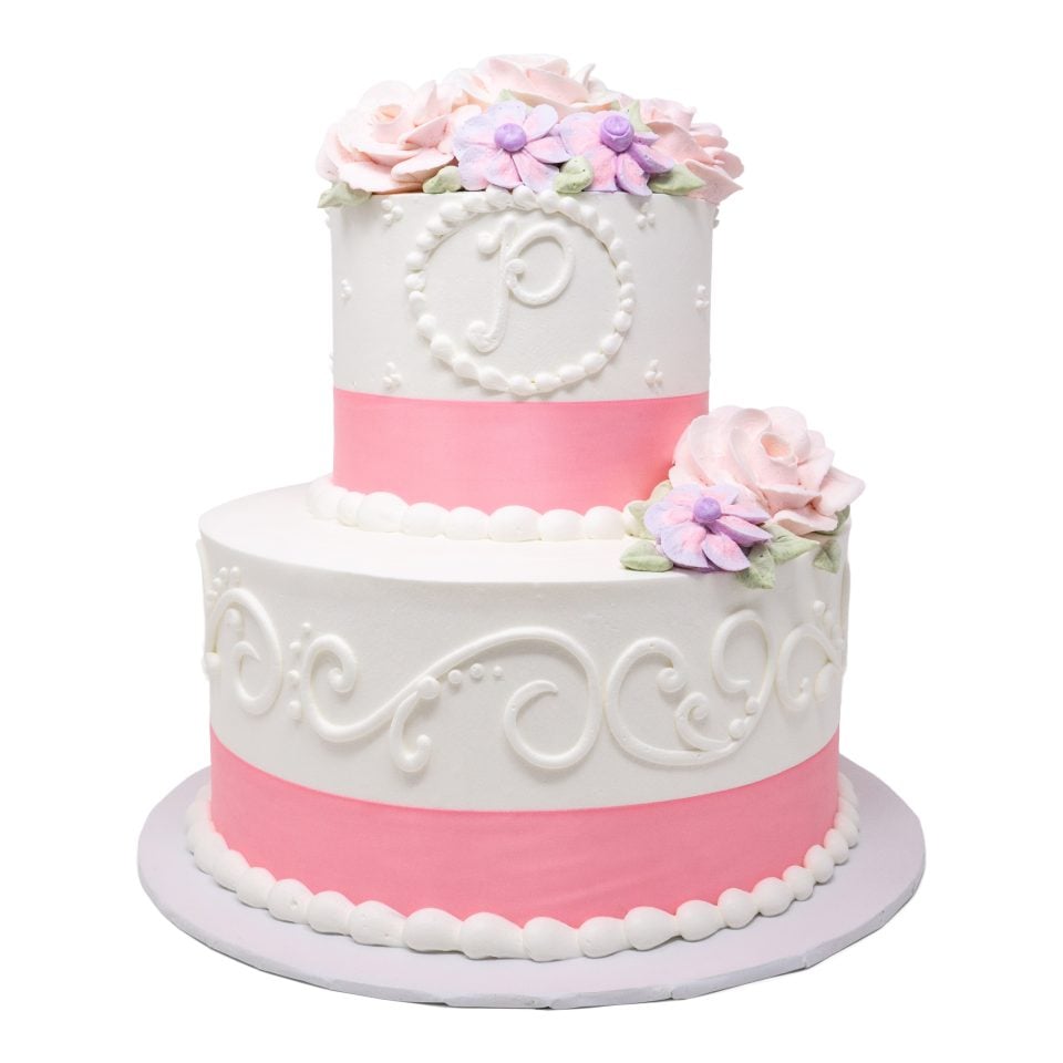 2 tier cake pink ribbon flowers scaled