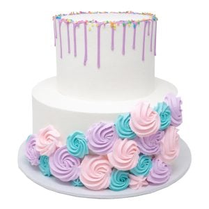 drip rosette pink teal purple 2 tier cake scaled