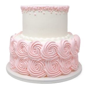 white pink 2 tier rosette cake scaled